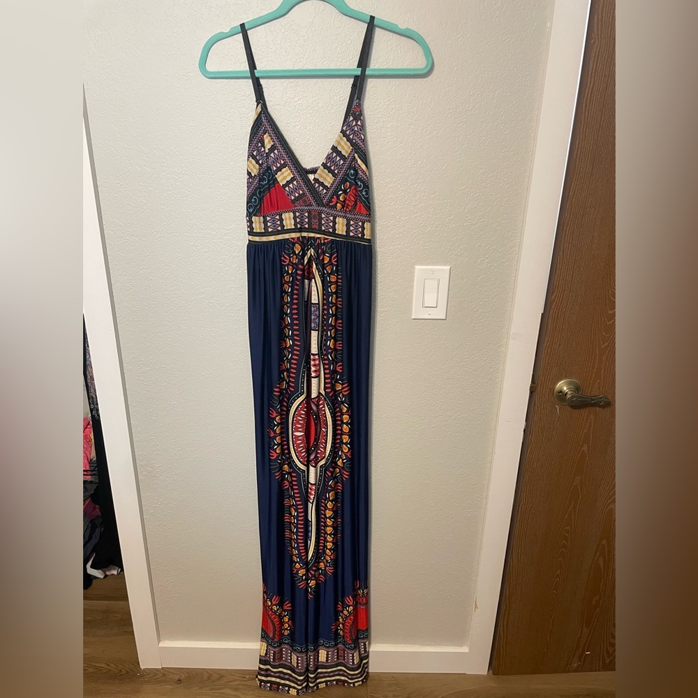 1-2-3 USA Boho Tribal Maxi Dress Navy Festival Resort Strappy
